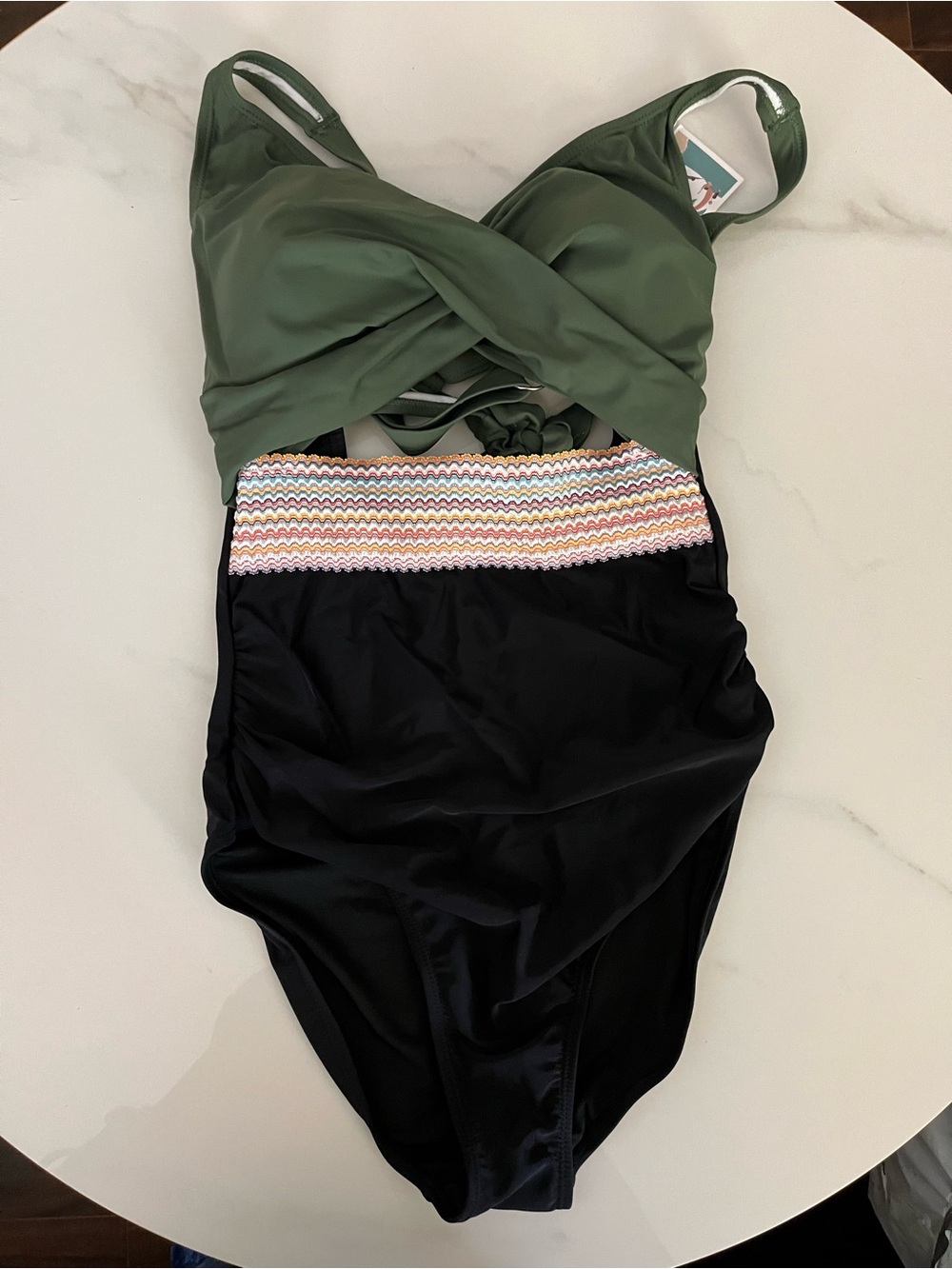 Olive Green and Black One-Piece Swimsuit with Smocked Waistband